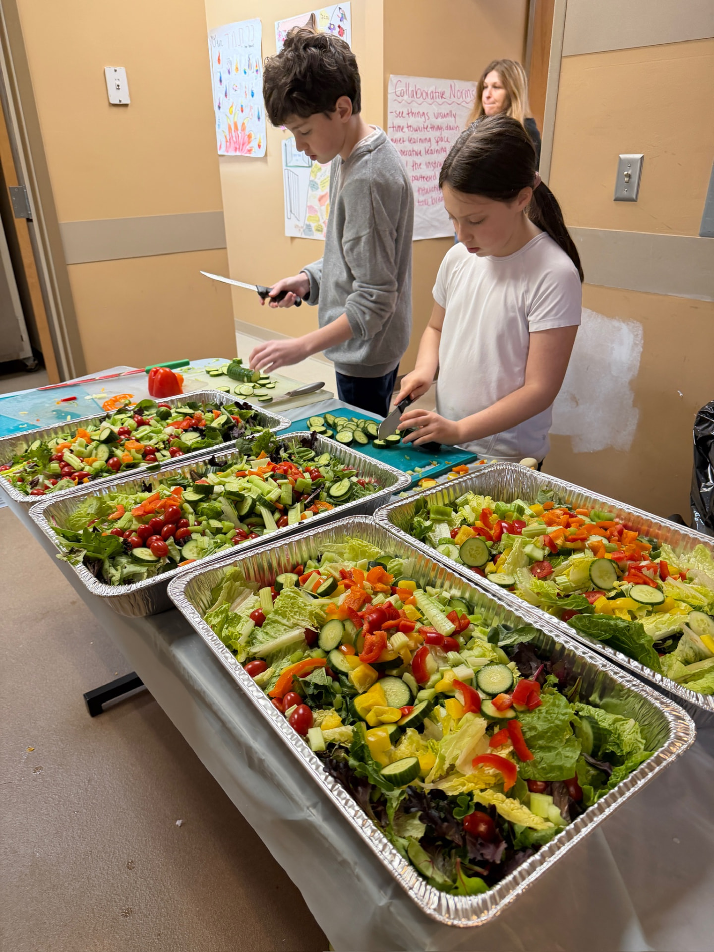 Henry and another volunteer chopping vegetables beside four full trays of salad