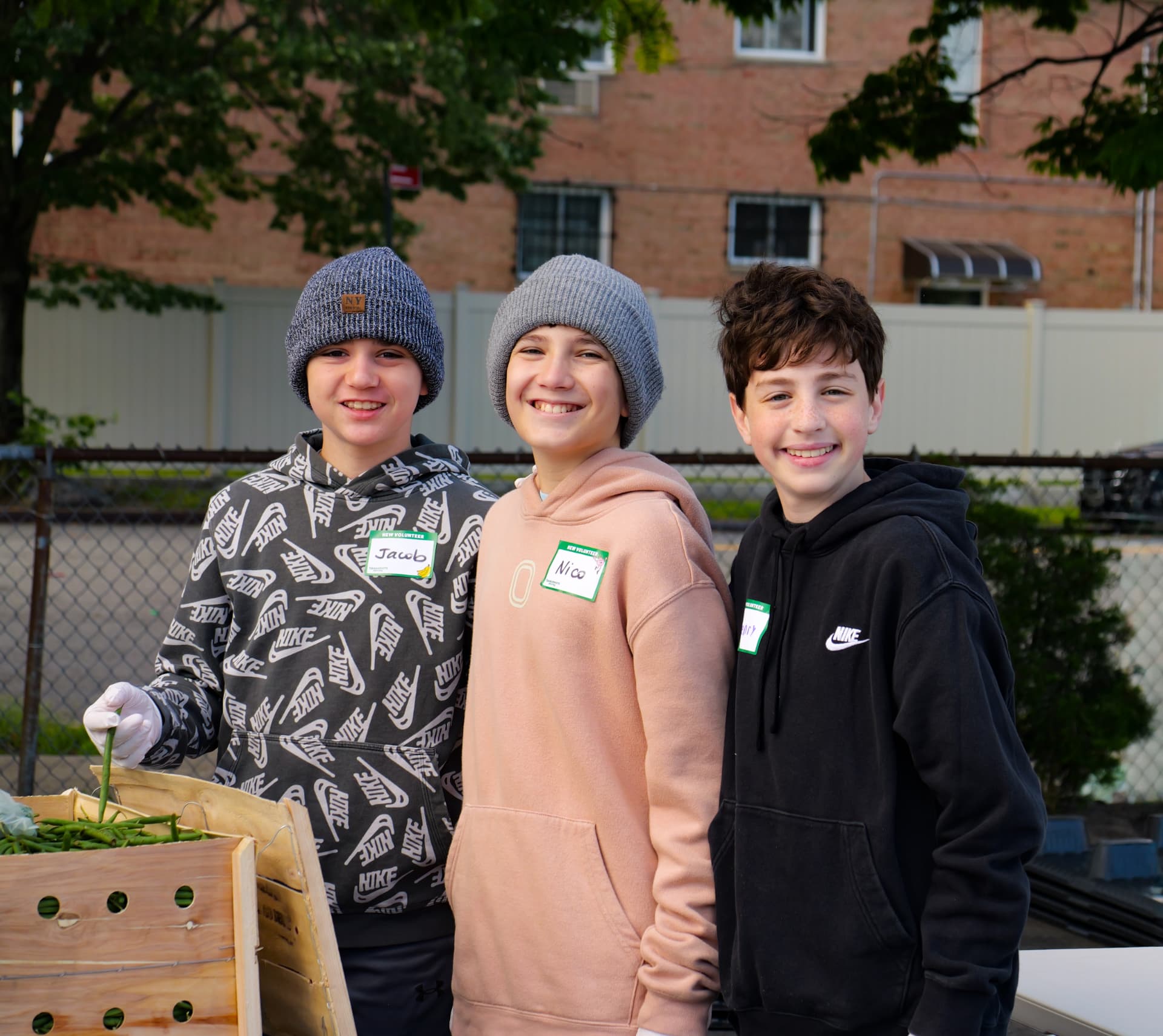 Henry with his friends Jacob and Nico at a Grassroots Grocery produce distribution in the Bronx